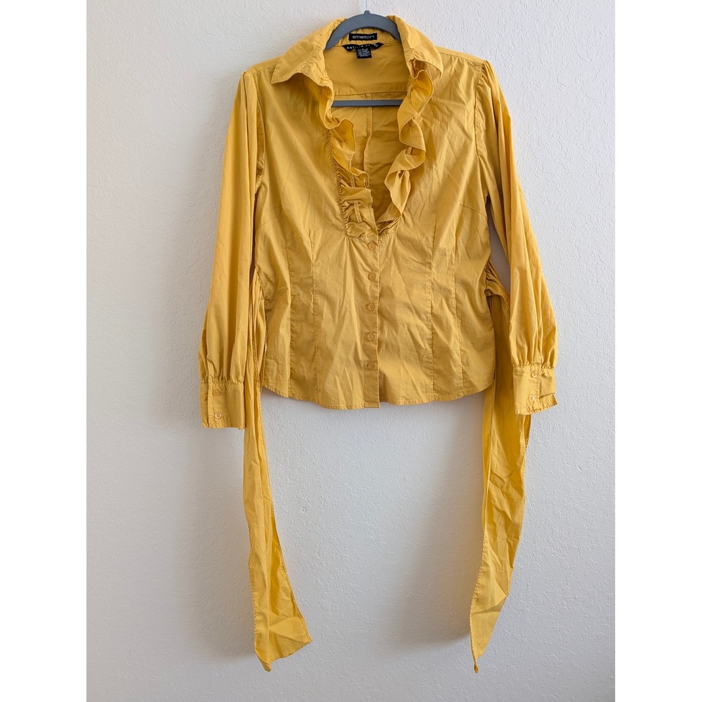 Antilia Femme Yellow Ruffle V-Neck Button Down Blouse with Side Ties Large